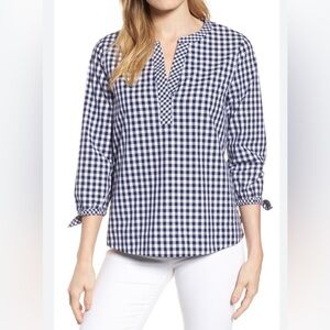 VINEYARD VINES womens M gingham Tunic Top Navy Blue Preppy Beach Summer Shirt